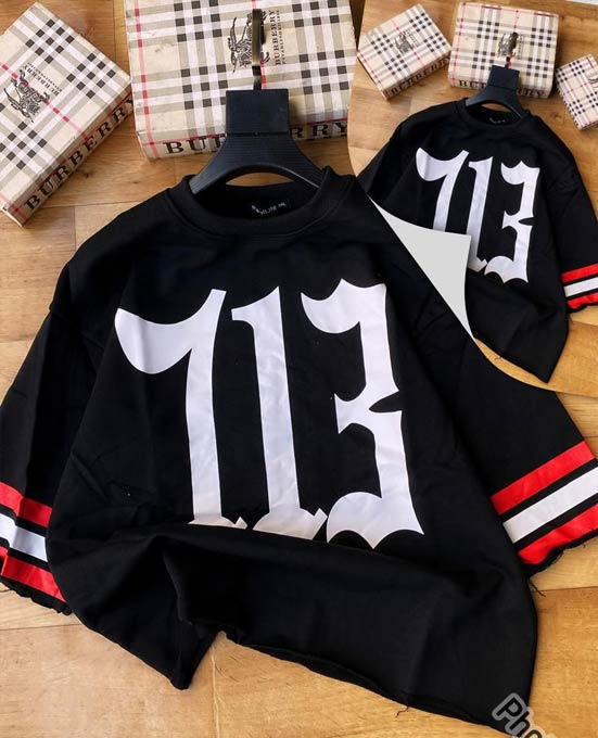 713 Graphic Oversized Tee – Black with Red Stripe Sleeves