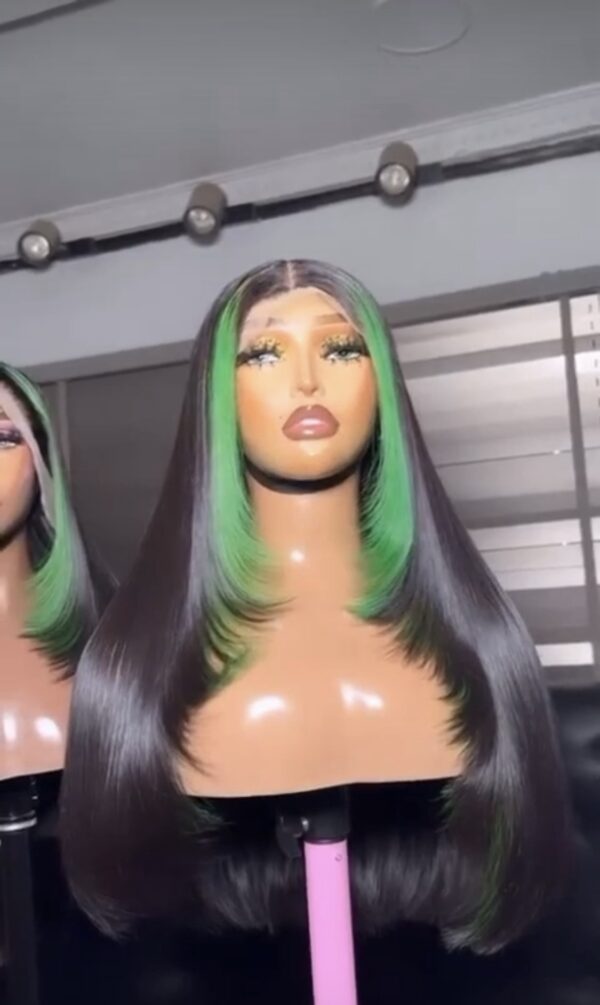 Black with green birthmark green raw donor Straight Wig – Layered Cut with Pink Highlights | Lace Front Unit 18”