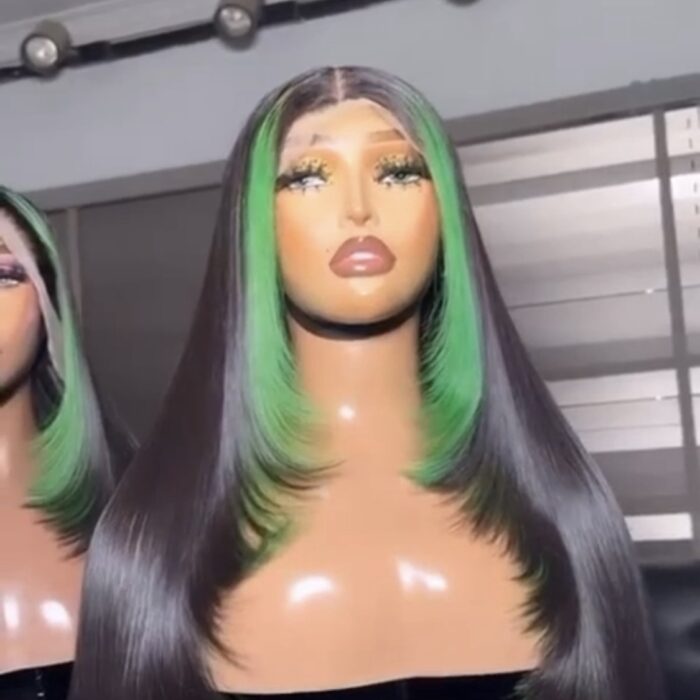 Black with green birthmark green raw donor Straight Wig – Layered Cut with Pink Highlights | Lace Front Unit 18”